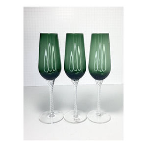 Artland GREEN BRAID, Set of 3 Fluted Champagne Glasses, 10” Handblown